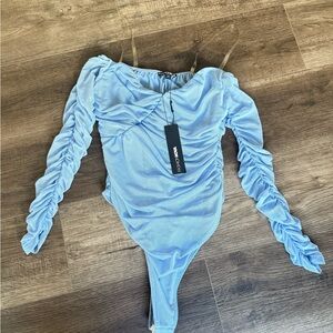 Fashion Nova Sky Blue Mesh Bodysuit